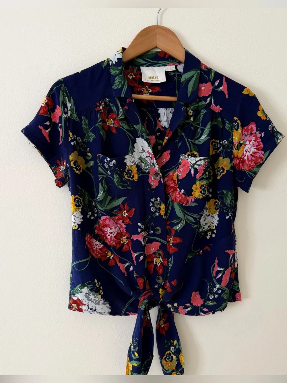 Anthropologie Navy Floral Button-Front Tie Short-Sleeve Top